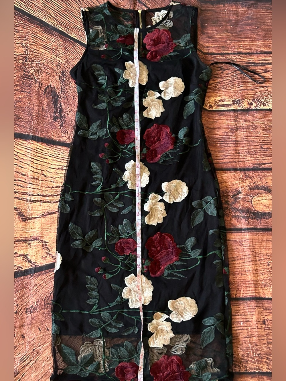 Calvin Klein black cream red green floral embroidered midi‎ dress 4